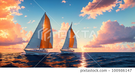 Beautiful luxury sail yachts in the open sea in warm light of sunset. Golden hour. AI generative 100986147