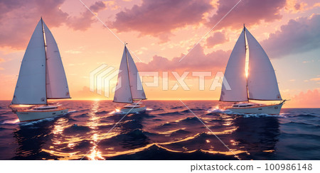 Beautiful luxury sail yachts in the open sea in warm light of sunset. Golden hour. AI generative 100986148