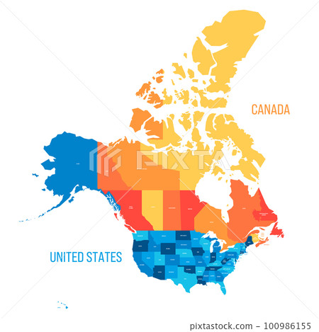 United States and Canada political map of administrative divisions. Colorful vector map with labels. United States and Canada political map of administrative divisions. Colorful vector map with labels. 100986155