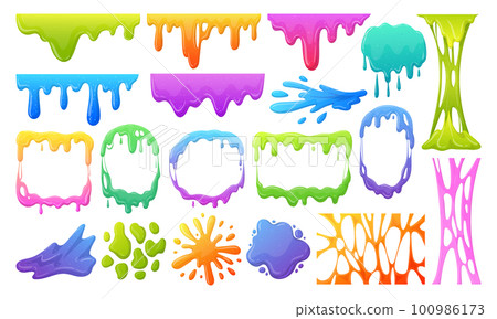 Cartoon slime mucus splashes. Jelly dripping spots, borders and frames, goo sticky liquid slime splatters flat vector illustration set. Messy mucus blobs Cartoon slime mucus splashes. Jelly dripping spots, borders and frames, goo sticky liquid slime splatters flat vector illustration set. Messy mucus blobs 100986173