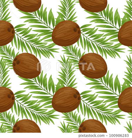Seamless pattern with coconuts and palm leaves on a light background. Background, print, textile, vector 100986283