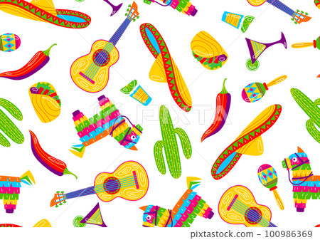 Cinco de Mayo seamless pattern. Mexican holiday items. 100986369