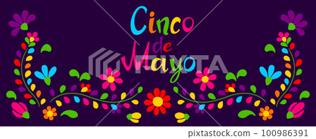 Cinco de Mayo floral embroidery. Mexican traditional ornament of flowers and leaves. 100986391