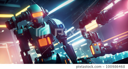 Industrial robots, antropomorphic ones and robotic arms in manufacturing space doing assembly of electric cars. AI generative 100986468