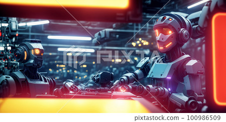 Industrial robots, antropomorphic ones and robotic arms in manufacturing space doing assembly of electric cars. AI generative Industrial robots, antropomorphic ones and robotic arms in manufacturing space doing assembly of electric cars. AI generative 100986509