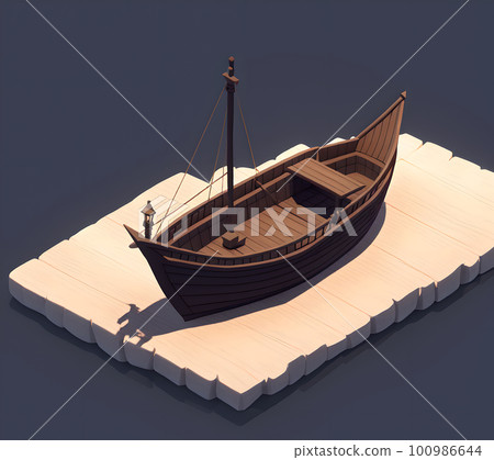Small wooden fisherboat, 3d isometric reference model, AI generated 100986644