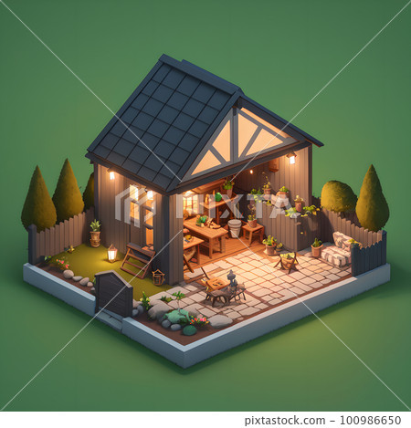 Cozy backyard area during nighttime, dining table and decoration, ai generated 100986650
