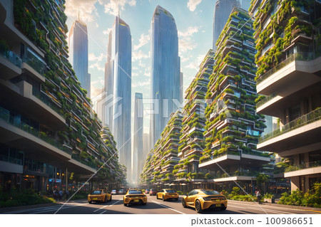Splendid view of futuristic vertical gardens ecology concept, the green plants at balcony of skyscrapers. AI generated 100986651