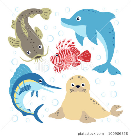 cartoon sea and ocean animals set isolated on white 100986858