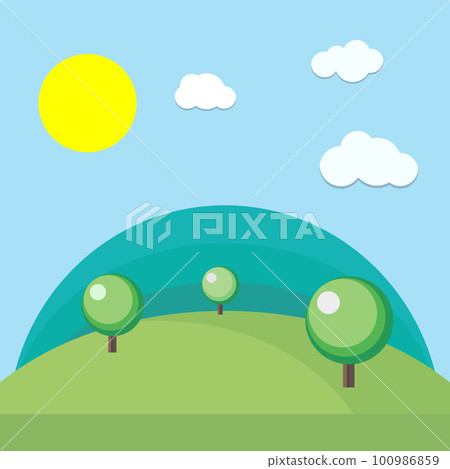 Vector illustration of beautiful summer fields landscape green hills  blue sky in cartoon style 100986859