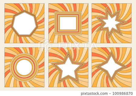 set of rainbow frames in 1970s hippie style. patterns retro vintage 70s groove. collection of round frame, star, rhombus and square. vector illustration design isolated. set of rainbow frames in 1970s hippie style. patterns retro vintage 70s groove. collection of round frame, star, rhombus and square. vector illustration design isolated. 100986870