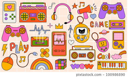 Set of trendy hipster retro cool elements. Collection sticker of groovy retrowave clipart. Collage with trend pop vibe with funky design element. background stickers emblem of cartoon vector. 100986890