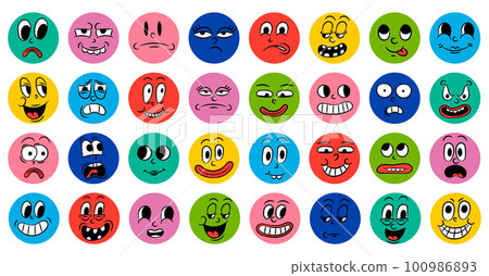 Set of cartoon comic funny faces in retro style with different expressions of emotions. Abstract round icons of heads of emotional characters. Emoji people animation in 20s 30s style. vector Set of cartoon comic funny faces in retro style with different expressions of emotions. Abstract round icons of heads of emotional characters. Emoji people animation in 20s 30s style. vector 100986893