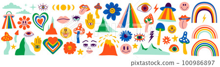 Set of hipster retro cool psychedelic elements. A collection graphics of groovy cliparts from the 60s 70s. Abstract icons design of cartoon stickers. Trend background vectors illustration isolated 100986897