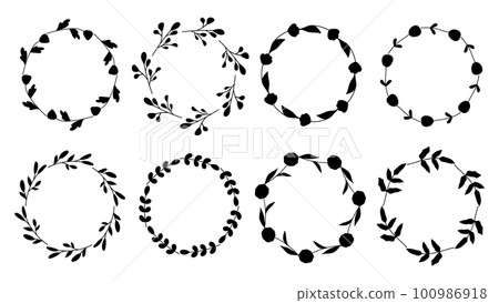 collection of floral round frames with line for text and quote. set of frame with plant silhouette for wedding invitations and monograms. isolated vector illustration. collection of floral round frames with line for text and quote. set of frame with plant silhouette for wedding invitations and monograms. isolated vector illustration. 100986918