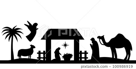 Holy night of birth of child jesus christ silhouette scene from religion christianity nativity scene. Biblical Religious History of Catholics. Cut for scrapbooking and print. Vector illustration. Holy night of birth of child jesus christ silhouette scene from religion christianity nativity scene. Biblical Religious History of Catholics. Cut for scrapbooking and print. Vector illustration. 100986919