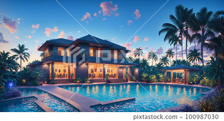 A swimming pool next to luxury bungalow or villa suitable for big party. Sunset light, golden hour, blue hour. Neon glowings in style of synthwave. AI generated illustration 100987030