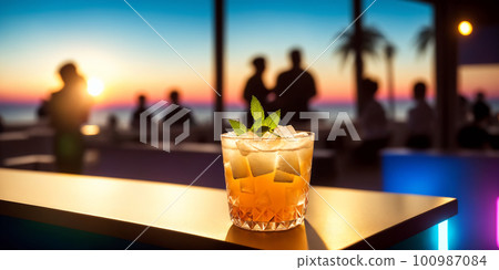 Crowded night beach party in a beach bar. A cocktail at bar counter at foreground. Unrecognizable persons at background. Neon glowings in style of synthwave. AI generated Crowded night beach party in a beach bar. A cocktail at bar counter at foreground. Unrecognizable persons at background. Neon glowings in style of synthwave. AI generated 100987084