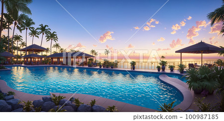 A swimming pool next to luxury bungalow or villa suitable for big party. Sunset light, golden hour, blue hour. Neon glowings in style of synthwave. AI generated illustration 100987185