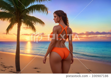 Rear shot of beautiful young woman relaxing on sunny beach at tropical seashore with palm trees and white sand. It's not a real existing person, fully AI generated picture, without any reference. 100987186