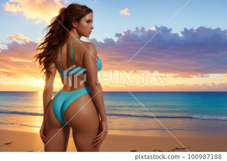 Rear shot of beautiful young woman relaxing on sunny beach at tropical seashore with palm trees and white sand. It's not a real existing person, fully AI generated picture, without any reference. 100987188