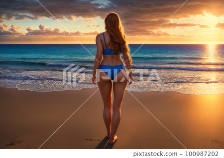 Rear shot of beautiful young woman relaxing on sunny beach at tropical seashore with palm trees and white sand. It's not a real existing person, fully AI generated picture, without any reference. Rear shot of beautiful young woman relaxing on sunny beach at tropical seashore with palm trees and white sand. It's not a real existing person, fully AI generated picture, without any reference. 100987202