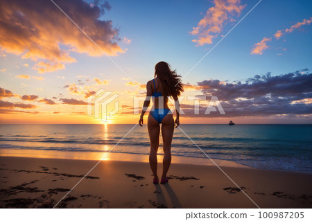 Rear shot of beautiful young woman relaxing on sunny beach at tropical seashore with palm trees and white sand. It's not a real existing person, fully AI generated picture, without any reference. Rear shot of beautiful young woman relaxing on sunny beach at tropical seashore with palm trees and white sand. It's not a real existing person, fully AI generated picture, without any reference. 100987205