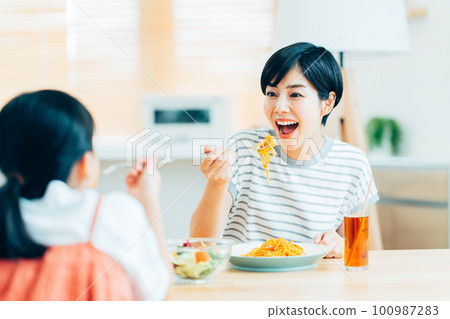 A family eating in the dining room. 100987283