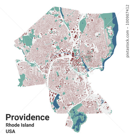 Providence map, capital city of the USA state of Rhode Island. Municipal administrative area map with buildings, rivers and roads, parks and railways. 100987412