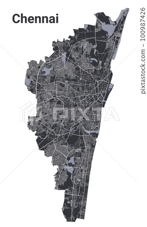 Chennai map. Detailed black map of Chennai city poster with roads. Cityscape urban vector. Black land with white roads and avenues. 100987426