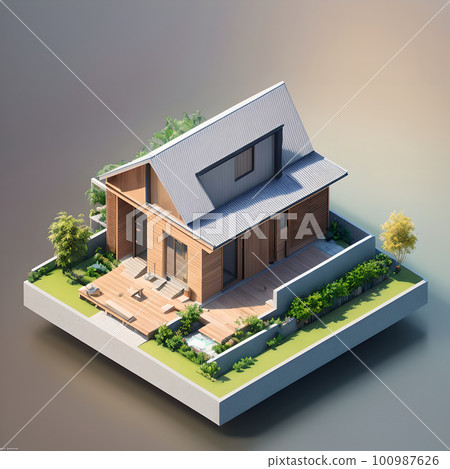 3D reference model of a cute small house for warm climate, AI generated 100987626