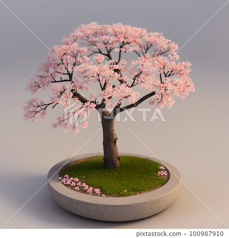 A small cute blossoming sakura bonsai tree, 3d isometric reference model, ai generated 100987910