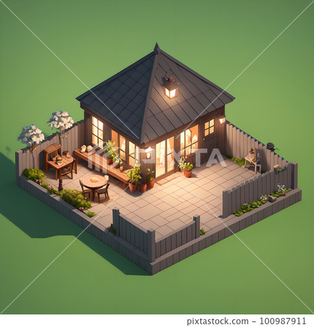 Cozy backyard area during nighttime, dining table and decoration, ai generated 100987911
