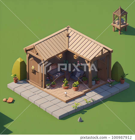 Cozy backyard area during nighttime, dining table and decoration, ai generated 100987912