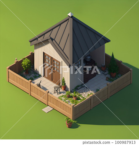 Cozy backyard area during nighttime, dining table and decoration, ai generated 100987913
