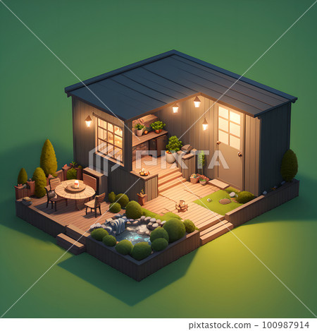 Cozy backyard area during nighttime, dining table and decoration, ai generated 100987914