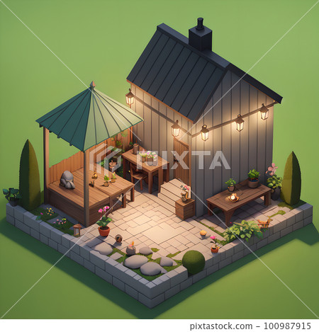 Cozy backyard area during nighttime, dining table and decoration, ai generated 100987915