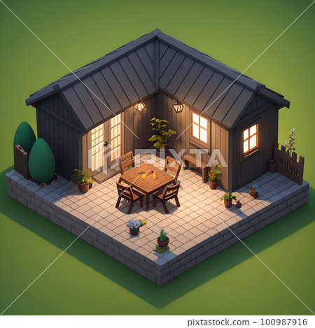 Cozy backyard area during nighttime, dining table and decoration, ai generated 100987916