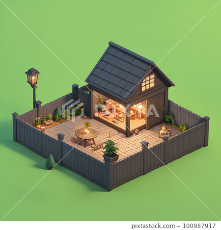 Cozy backyard area during nighttime, dining table and decoration, ai generated 100987917