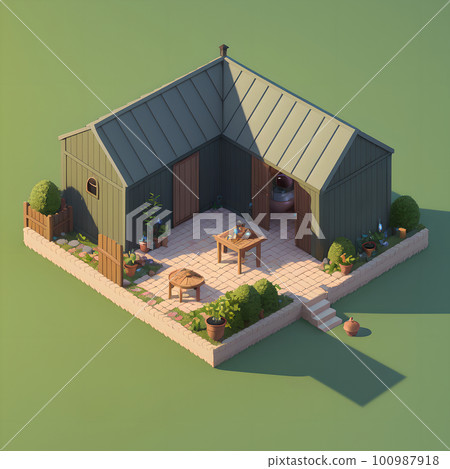 Cozy backyard area during nighttime, dining table and decoration, ai generated 100987918