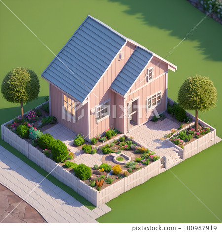 Cozy backyard area with wooden fence, dining table and decoration, ai generated 100987919