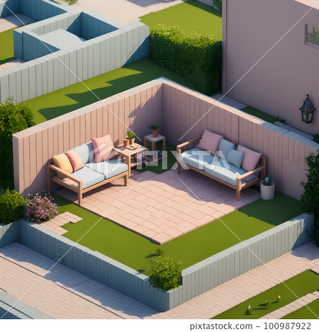 Cozy backyard area with wooden fence, dining table and decoration, ai generated 100987922