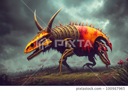 Hellish monster with fangs and horns, rotted flesh, empty eye sockets with mad gaze, bloody mouth, bones exposed, aggressive and terrifying. AI generated 100987965