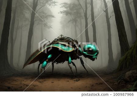 Hellish monster with fangs and horns, rotted flesh, empty eye sockets with mad gaze, bloody mouth, bones exposed, aggressive and terrifying. AI generated 100987966