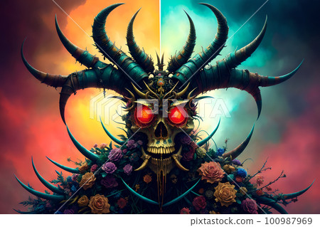 Hellish monster with fangs and horns, rotted flesh, empty eye sockets with mad gaze, bloody mouth, bones exposed, aggressive and terrifying. AI generated Hellish monster with fangs and horns, rotted flesh, empty eye sockets with mad gaze, bloody mouth, bones exposed, aggressive and terrifying. AI generated 100987969