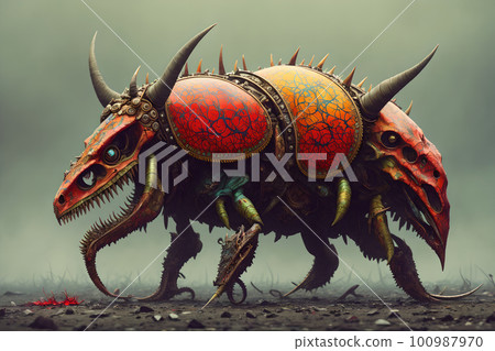 Hellish monster with fangs and horns, rotted flesh, empty eye sockets with mad gaze, bloody mouth, bones exposed, aggressive and terrifying. AI generated Hellish monster with fangs and horns, rotted flesh, empty eye sockets with mad gaze, bloody mouth, bones exposed, aggressive and terrifying. AI generated 100987970