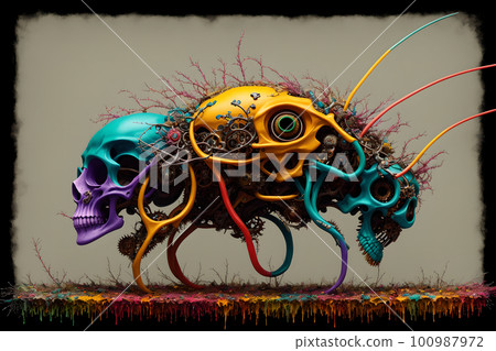 Hellish monster with fangs and horns, rotted flesh, empty eye sockets with mad gaze, bloody mouth, bones exposed, aggressive and terrifying. AI generated Hellish monster with fangs and horns, rotted flesh, empty eye sockets with mad gaze, bloody mouth, bones exposed, aggressive and terrifying. AI generated 100987972