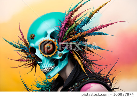 Dark fantasy design, painted human skull and lush bunch of flowers on colorful background, AI generated 100987974