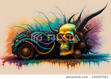 Dark fantasy design, painted human skull and lush bunch of flowers on colorful background, AI generated 100987981