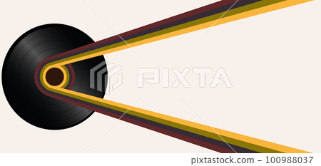 Retro horizontal background with color lines and vinyl music record. Abstract background in trendy 1970s style. Vector Retro horizontal background with color lines and vinyl music record. Abstract background in trendy 1970s style. Vector 100988037